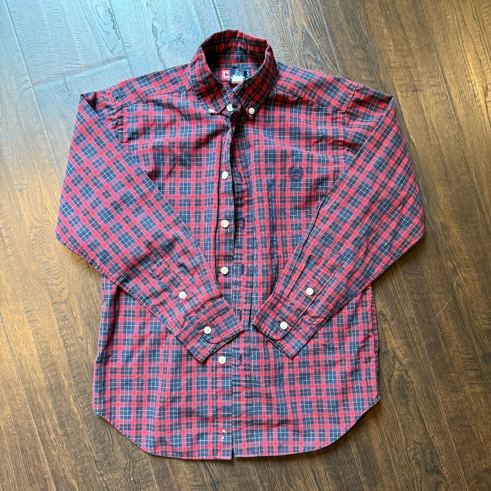 Chaps Button Down Plaid Shirt, Boys Size 10-12- Red w/Black & Yellow Crisscross